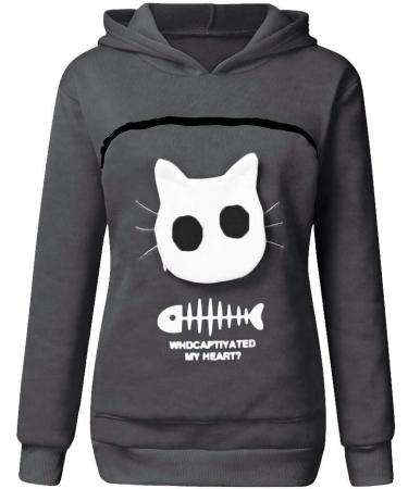 Shop Women's Long Sleeve Cat & Dog Hoodie Sweater with Big Bag - Warm & Stylish Dark Gray Sweatshirt - Buy Online on GoSupps.com