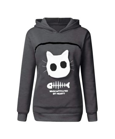 Women Long sleeve sweater hoodies with cat dog big bag cat bag sweater with zipper dog cat bag bag sweatshirt sweater hoodie women warm long -sleeved shirt cat sweater dark gray xl