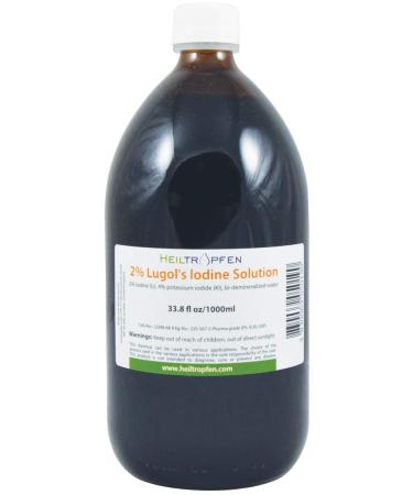 2% Lugols Iodine Solution | 33.8 Fl Oz - 1000 ml | Made with 2 Percent Iodine and 4% Potassium Iodide | Glass Bottle | Lugol's Solution | Heiltropfen