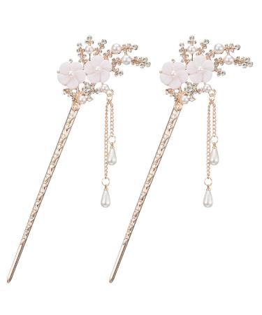 2 Pcs Rhinestone Pearl Flower Hair Stick Chinese Hair Chopsticks Vintage Tassel Hair Pin Chignon Pin Chopsticks Hair Styling Hair Making Accessories for Women (White)1