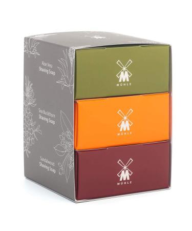 MHLE Shave Care Shaving Soap Trio - Aloe Vera, Sea Buckthorn, Sandalwood | Luxury Shaving Soaps for Men | Rich Lather, Lightly Scented - 75g - Buy Online on GoSupps.com