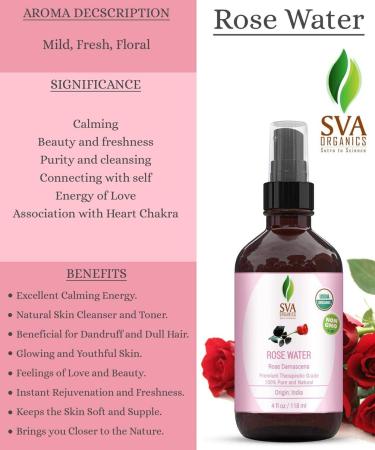 SVA Organics Rose Water USDA Certified (118 ml) 4 Oz | 100% Pure & Natural Refreshing Rose Water Spray for Skin, Bath, Soaps, Haircare - Natural Rose Aroma - Buy Online on GoSupps.com