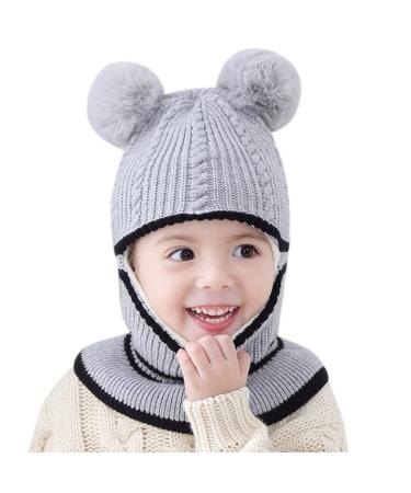 Baby Balaclava Kids Winter Warm Hat Scarf Warm Knitted Hood Hat with Double Pom Pom Design Beanie Caps for Baby Girls Boys Cute Small Bear Winter Hat B-B One Size