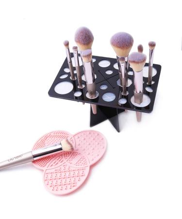 Makeup Brush Cleaning Mat & Makeup Brush Drying Rack, YLong-ST Makeup Brush Cleaner, 28 Holes Makeup Brush Holder, Silicone Rubber Clover Shaped Mat - Black & Pink