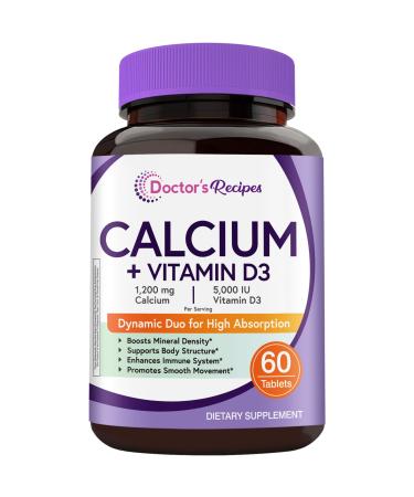 Doctor's Recipes Calcium 1200 mg with Vitamin D3 Calcium Supplements for Women & Men Non-GMO No Soy Bone & Immune Support Calcium Carbonate Extra Absorption 60 Tablets