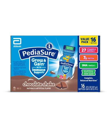 Pediasure Grow & Gain with Immune Support, Kids Protein Shake, 27 Vitamins and Minerals, 7g Protein, Helps Kids Catch Up On Growth, Non-GMO, Gluten-Free, Chocolate, 8 Fl Oz (Pack of 16)