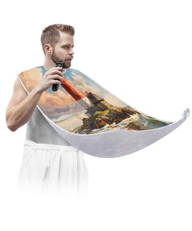 Sea Island Lighthouse Beard Bib Apron Beard Hair Catcher for Men Shaving Fathers Day Anniversary Christmas Gifts for Dad Husband Beard Bib with 2 Suction Cups