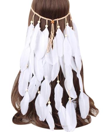 Girls Lady Bohemian Headband Handmade Peacock Feather Tassel Headdress Tribal Indian Headpiece Fascinator Headwear Hippie Boho Hair Accessories for Women Dance Party Festival (white) - Buy Online on GoSupps.com