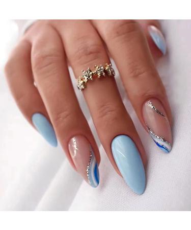 Blue Press on Nails Almond Shape Fake Nails French False Nails with Designs Blue White Silver Waves Acrylic Nails Medium Length Stick on Nails Full Cover Glossy Glue on Nails for Women Nail Decoration style 2