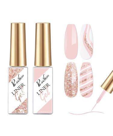 Rechoo Gel Liner Nail Art-2pcs Pink & Glitter Nail Gel Polish Soak Off French Manicure Gel for liner drawing and Nail Color Painting Liner Nail Gel for Nail Starter Home DIY Nail Salon D-2-Pink & Glitter