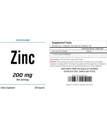 Chaand Zinc Citrate 200mg High Potency Capsules - 120 Count, 60 Servings - Buy Online on GoSupps.com