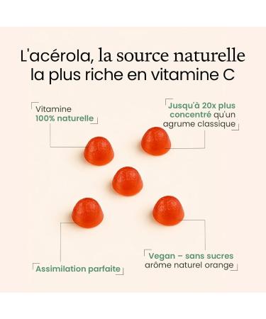 Gummies VITAMINE C Ac rola | Enfants & Adultes | 1 Gummy 100% des AR | Energie - Tonus - Immunit | 60 Gummies sans Sucre | Ar me Naturel Orange | Vegan et sans G latine | Made in France | Terravita - Buy Online on GoSupps.com
