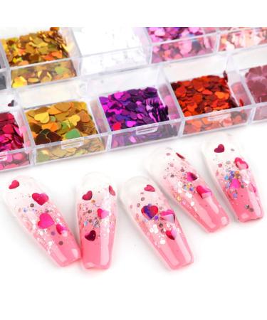 24 Colors Heart Nail Glitter Sequins Set - Holographic 3D Laser Confetti for Acrylic Nail Art - Buy Online on GoSupps.com