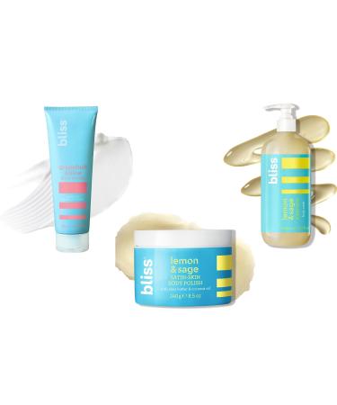 Bliss Grapefruit & Aloe Body Butter Lemon & Sage Body Scrub and Soapy Suds Body Wash Trio - Ultra-Hydrating Moisturizer Exfoliating Scrub & Refreshing Cleanser for Soft Radiant Skin