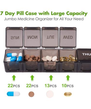 Tablet Box 7 Days - XL Large Pill Organizer with 7 Compartments Easy Open Medication Boxes for Vitamins & Supplements (2-Pack Black) - Buy Online on GoSupps.com