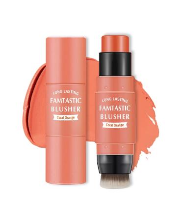 Cream Blush Stick 3 in 1 Blush Makeup Stick for Cheeks & Lip Tint & Eyeshadow Makeup Natural Makeup Waterproof Long Lasting Makeup Blush Stick with Brush - 03 Coral Orange