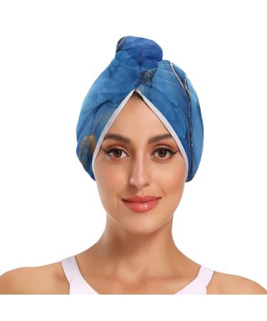 Blue and Gold Marble Hair Towel 2 Pack Super Absorbent Hair Drying Towel Quick Dry Hair Turbans Head Towel with Button Twisty Wrap for Women Girls