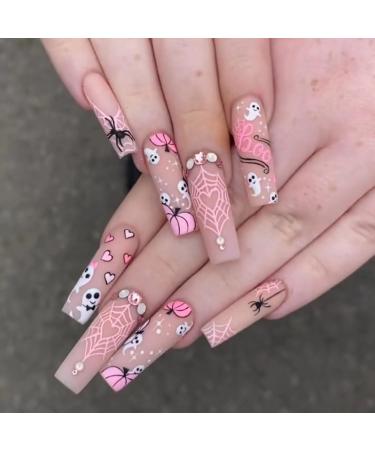 Halloween Press on Nails Long Square Glue on Nails Cute Pumpkin Coffin Fake Nails Heart Spider Web with Nail Rhinestones Design Ghost False Nails Halloween Nail Art Decoration for Women DIY 24 Pcs Halloween1