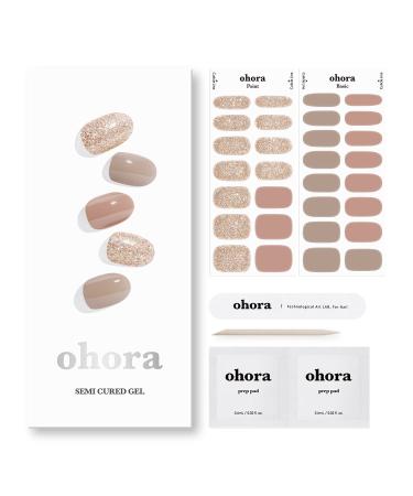 ohora Semi Cured Gel Nail Strips (N Carmel) - Nude Glitter Works with Any UV/LED Nail Lamps Salon-Quality Long Lasting Easy to Apply & Remove - Includes 2 Prep Pads Nail File & Wooden Stick 04. N Carmel
