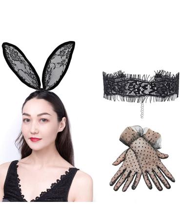 Women Bunny Costume Set Lace Rabbit Ears Headband Hairband Necklace Choker Dot Gloves Costume Accessories