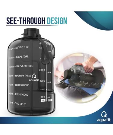 AQUAFIT 1 Gallon Water Bottle with Times to Drink - 128 oz - Motivational Time Marker - Large Sports Jug - Gym Hydration Tracker - Black Gray - Buy Online on GoSupps.com