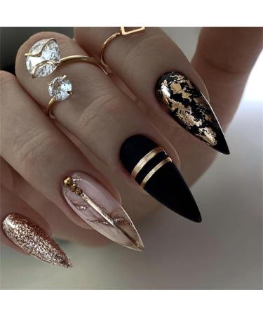 Black Press on Nails Almond Shaped Short Medium Acrylic Fake Nails with Luxury Gold Glitter Design Glue on Glossy Full Cover Artificial Gel False Stick on Nail for Girls Women Wedding 24Pcs Black Luxury Design-A01