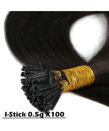 18" Pre Bonded Stick Tip Human Hair Extensions 100 Strands 100% Remy Cold Fusion Keratin I Tip Real Hair Extensions Straight (18 inch 50g #2 Dark Brown)