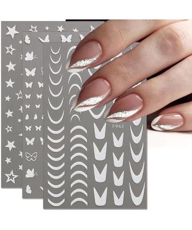 8 leaves glitter nail ticker self -adhesive French nail sticker 3d heart butterfly star nail sticker reflective French nails sticker white nail art sticker for women nail design accessories glitter white