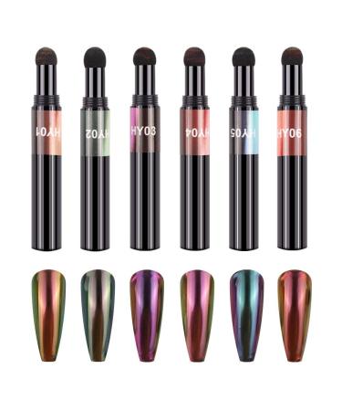 XICHEN 6 colors/set Air Cushion Nail Powder Pen Holographic Nails Powder with Mirror Effect, Manicure cushion magic pen, Laser Phantom Series Magic Mirror Powder