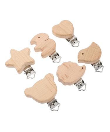 Garneck 6Pcs Natural Wood Suspender Pacifier Clips Cute Beech Wooden Animal Shape Clips Charm DIY Beading Pacifier Chain Accessory ( Mixed Style )