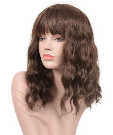 Goodly Dark Brown Short Wigs with Air Bangs for Black White Women Natural Healthy Brunette Brown Curly Wavy Womens Synthetic Wigs 14 Inch Medium Length Brown Bob Wig with Bangs