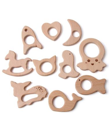 Baby Organic Wood Teether Set DIY Rattle Ring for Infant Gum Relief Grasping Toy Jewelry Holder  Rocket Heart Moon Jellyfish Hobbyhorse Bear Dinosaur Fish Deer Whale