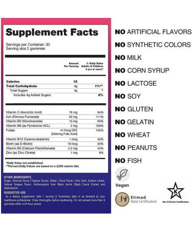 YHN Iron Gummies 20 MG - Prenatal Ferritin Supplement with Enhanced Vitamins - Blood Builder & Energy Support - Buy Online on GoSupps.com