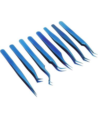 8-Piece Stainless Steel Eyelash Tweezers Set - Fine Tip Ergonomic Blue Titanium Eye Makeup Tools for Women - Portable & Durable - Buy Online on GoSupps.com