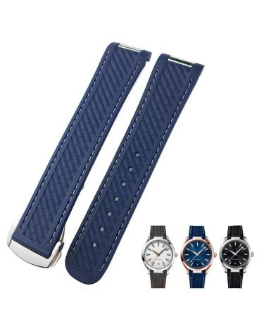 KKFAUSE Watch bracelet made of rubber with curved end suitable for Omega Seamaster 300 AT150 Aqua Terra 8900 Speedmaster Silicone wrap bracelet 19 mm 20 mm blue white around 19 mm