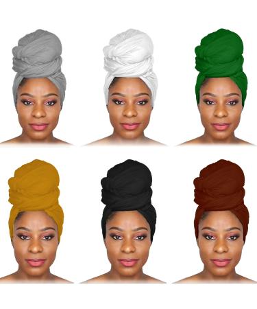 6 Pieces Head Wraps Scarf Long Turban Stretch Jersey Ultra Soft Urban Knit Hair Scarfs Solid Color African Headbands Tie Cotton Breathable Headwrap Fashion Shawls for Women Black,white,dark Grey,ginger,bright Green,caramel