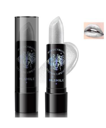 Glitter Lipstick Metallic Silver Shimmer Diamond Sparkle Tinted Lip Balm Non Stick Cup Sparkling High Impact Lipcolor Longlasting Lipgloss for Women Girls Christmas Halloween Party Gift Makeup