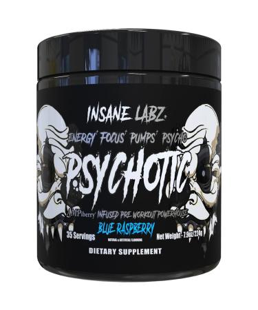 Insane Labz Psychotic Black Edition Mid Stimulant Pre Workout Powder, Energy Focus Pumps, Loaded with Creatine Beta Alanine Taurine Fueled by AMPiberry, 35 Servings (Blue Raspberry) Blue Raspberry 35 Servings