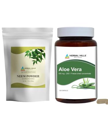 HERBAL HILLS Neem Leaf Powder and Aloe Vera Capsules Freeze Dried Pack of 2 Combo