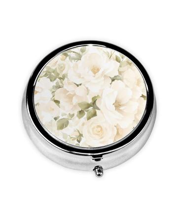 Round Pill Box 2.0x2.0x0.7 in Mini Travel Medicine Pill Organizer Box for Purse Pocket white watercolor floral rose Printing