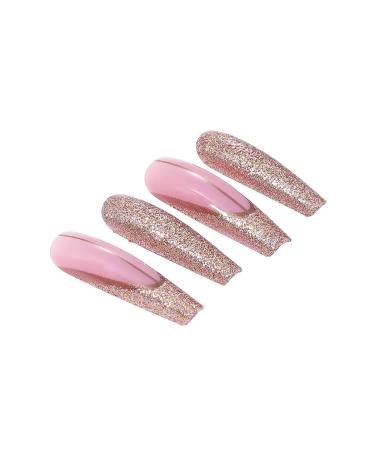 Brishow Long Gold Glitter Press-On Nails - 24 Ballerina Acrylic Pink False Nails for Women & Girls | Premium Quality Artificial Nails - Buy Online on GoSupps.com