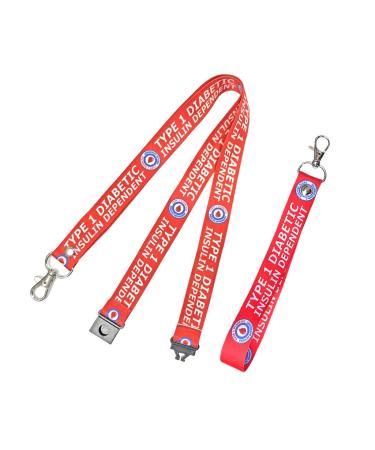 Type 1 Diabetic printed Lanyard Key tag SET - Diabetes Medical Alert insulin Dependent Red
