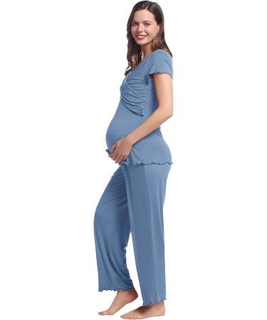 Maternity Pyjama Set XL | Short Sleeve Tops & Long Pants | Summer Cool & Moisture Wicking | Pregnancy & Nursing Sleepwear in Dusty Blue - Buy Online on GoSupps.com