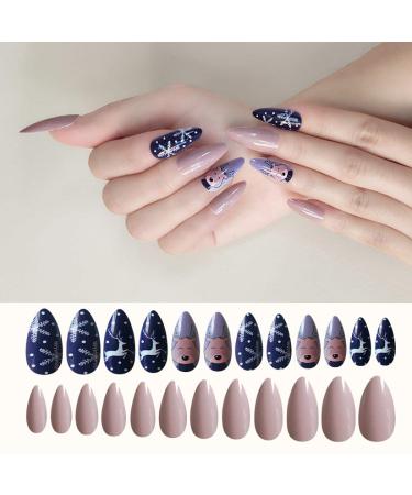 Sethexy Christmas Matt Almond False Nail Snowflake Press On Nails Acrylic Art Fake Nail Spitzen 24th Complete cover Press Nails for Women and Girls Style 5
