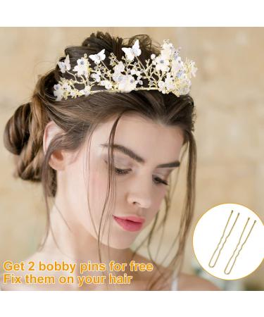 Golden Butterfly Fairy Crown Tiara with Pearl Crystal & Rhinestone - Wedding & Birthday Gift - Buy Online on GoSupps.com