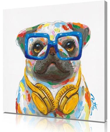 Yidepot Pug French Bulldog Wall Art - Funny Dog Canvas Poster for Kids' Room - Colorful Puppy with Earphone & Glasses - 30x30CM - Buy Online on GoSupps.com