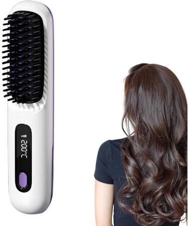 Cordless Hair Straightener Brush | USB Charging Hot Comb with LCD Display | 3 Heat Levels Fast Heat-Up | Portable Ion Styling Tool for Women - White - Buy Online on GoSupps.com