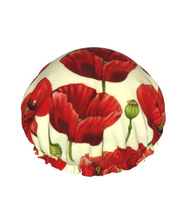 Red Poppy Flower Printed Shower Cap Bath Cap Waterproof Shower Caps Fits All Head Sizes All Hair Textures for Women Hair Bath Caps