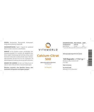 Vitaworld Calcium Citrate 500 mg - High Bioavailability Vegan Capsules - 120 Count for Optimal Calcium Absorption | International Shipping - Buy Online on GoSupps.com