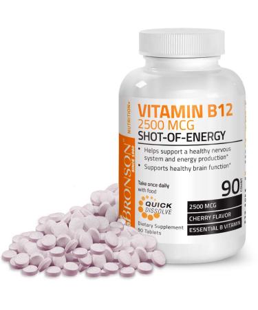 Vitamin B12 2500mcg Shot of Energy Fast Dissolve Chewable Tablets - Quick Release Cherry Flavored Sublingual B12 Vitamin - Supports Nervous System, Healthy Brain Function Energy Production  90 Count 90 Count (Pack of 1) - Buy Online on GoSupps.com